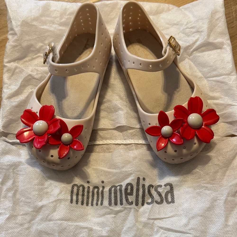 Mini Melissa Toddler Beige and Red Floral Dress Shoes